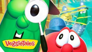 Green VeggieTales character holds a magnifying glass while a red vegetable looks on; yellow police tape in the background.