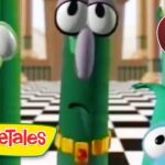 Three green VeggieTales characters with large eyes stand on a black-and-white checkered floor; a yellow VeggieTales logo appears in the corner and a red '12 Min' badge is on the top right, indicating a video thumbnail.