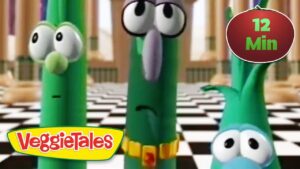 Three green VeggieTales characters with large eyes stand on a black-and-white checkered floor; a yellow VeggieTales logo appears in the corner and a red '12 Min' badge is on the top right, indicating a video thumbnail.