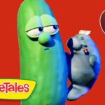 Cartoon VeggieTales thumbnail with a tall green cucumber character beside a blue companion on a red background, VeggieTales logo visible, 10 Min badge present.