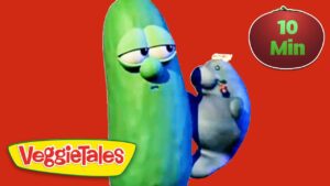 Cartoon VeggieTales thumbnail with a tall green cucumber character beside a blue companion on a red background, VeggieTales logo visible, 10 Min badge present.