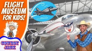 Thumbnail for a kids’ flight museum video: an orange panel reading “Flight Museum for Kids!” with a cartoon cowboy, beside a real man in a cowboy hat pointing at a vintage silver propeller airplane showing the Continental Air Lines logo.
