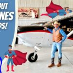 Blue banner text reads All About Airplanes for Kids! with a man in a cowboy hat beside a small airplane in a hangar.