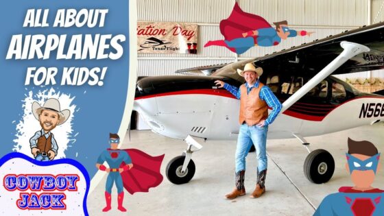 Blue banner text reads All About Airplanes for Kids! with a man in a cowboy hat beside a small airplane in a hangar.