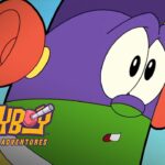 Close-up of a purple cartoon character with red-orange ears and a green face, from LarryBoy: The Cartoon Adventures, with the logo in the corner.