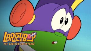 Close-up of a purple cartoon character with red-orange ears and a green face, from LarryBoy: The Cartoon Adventures, with the logo in the corner.