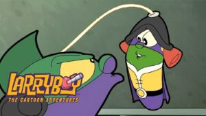 LarryBoy: The Cartoon Adventures logo with a green frog-like character and a purple-styled cape in a cartoon scene