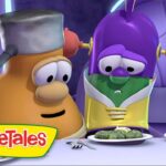 Three VeggieTales characters sit at a table with plates of food, looking worried; the VeggieTales logo appears in front.