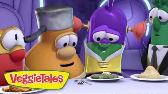 Three VeggieTales characters sit at a table with plates of food, looking worried; the VeggieTales logo appears in front.