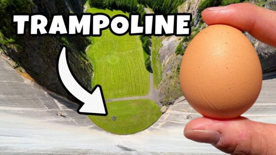 Close-up of a brown egg held by fingers on the right, with a bird's-eye view of a circular grassy pit labeled 'TRAMPOLINE' and an arrow pointing to it.