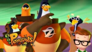 Promo image for 3-2-1 Penguins! The Series featuring penguin characters in orange outfits with a boy wearing glasses in the foreground.