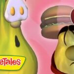 VeggieTales thumbnail with a yellow banana character and a sleepy yellow creature on a pink background, plus a green '1 HOUR' badge in the corner.