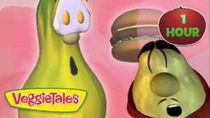 VeggieTales thumbnail with a yellow banana character and a sleepy yellow creature on a pink background, plus a green '1 HOUR' badge in the corner.