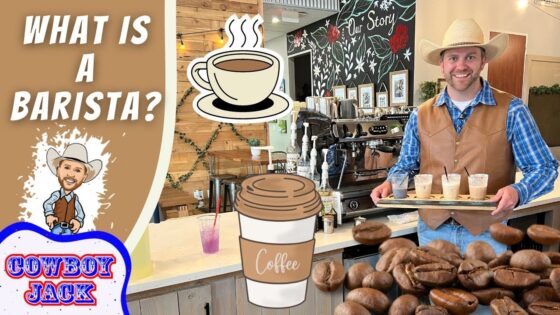 Barista in a cowboy hat and vest carries a tray of iced drinks inside a coffee shop; foreground shows many donuts and playful overlays reading 'What is a Barista?' and 'Cowboy Jack'