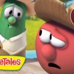 Animated VeggieTales scene with a green cucumber and a red tomato on a boat; a '20 Min' badge in the corner.