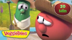 Animated VeggieTales scene with a green cucumber and a red tomato on a boat; a '20 Min' badge in the corner.