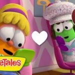 Two VeggieTales characters look at a phone together, with a white heart between them and a 1 HOUR badge in the corner.
