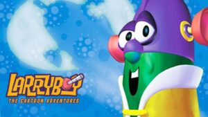 Cartoon cover featuring LarryBoy, a purple helmeted superhero with a green suit, on a blue bubbly background, logo reads 'LarryBoy: The Cartoon Adventures'