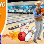 Man in a cowboy hat and vest holds a bowling ball on a bowling lane, smiling for a thumbnail promoting kids' bowling charity.