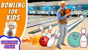 Man in a cowboy hat and vest holds a bowling ball on a bowling lane, smiling for a thumbnail promoting kids' bowling charity.