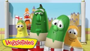 Group of VeggieTales vegetables smiling in a colorful animated scene with a cartoon castle in the background and the VeggieTales logo bottom left.
