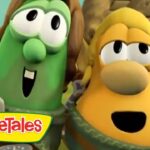 Two VeggieTales characters pose together outdoors, with the VeggieTales logo in the corner.