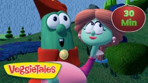VeggieTales thumbnail: two animated vegetables conversing outdoors with a 30 Min badge in the corner.
