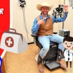 Cowboy-themed eye doctor for kids ad featuring a man in a chair with ophthalmology equipment and a cartoon doctor—fun, kid-friendly medical scene.