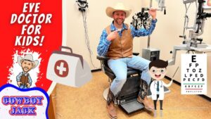 Cowboy-themed eye doctor for kids ad featuring a man in a chair with ophthalmology equipment and a cartoon doctor—fun, kid-friendly medical scene.