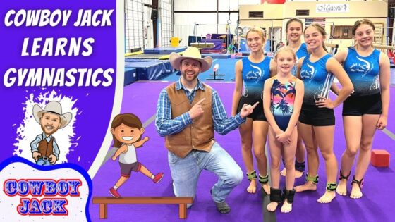 Thumbnail of a cowboy in a hat posing with five young gymnasts on a purple gym floor, with the title 'Cowboy Jack Learns Gymnastics' text on the left panel