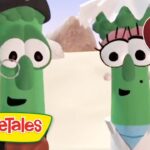 Two VeggieTales characters in a desert setting, wearing outfits; VeggieTales logo and a 10 Min badge.