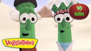 Two VeggieTales characters in a desert setting, wearing outfits; VeggieTales logo and a 10 Min badge.