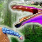 Man in a cowboy hat and vest confronts a giant neon dragon in a misty forest setting.