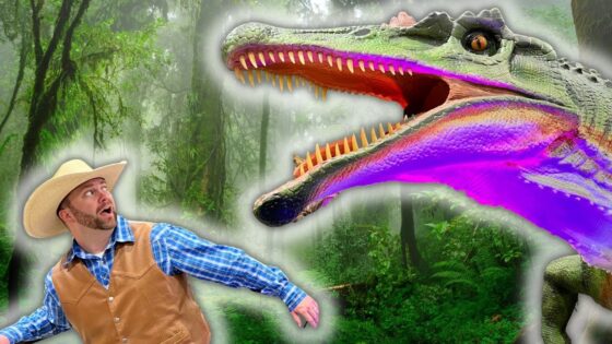 Man in a cowboy hat and vest confronts a giant neon dragon in a misty forest setting.
