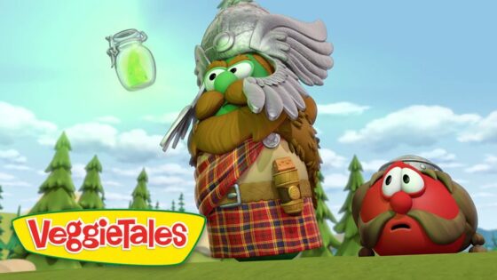 Outdoor VeggieTales scene: a large bearded owl in a plaid kilt and a surprised red vegetable with a mustache, logo in the corner.