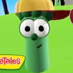Green VeggieTales character with a yellow helmet on a bright hill; VeggieTales logo bottom left and a 10 Min badge top right.