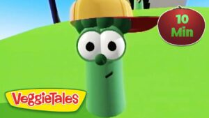Green VeggieTales character with a yellow helmet on a bright hill; VeggieTales logo bottom left and a 10 Min badge top right.