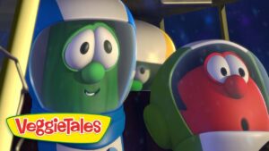 Two VeggieTales characters in space helmets, a green cucumber left and a red veggie right, with the VeggieTales logo in front.