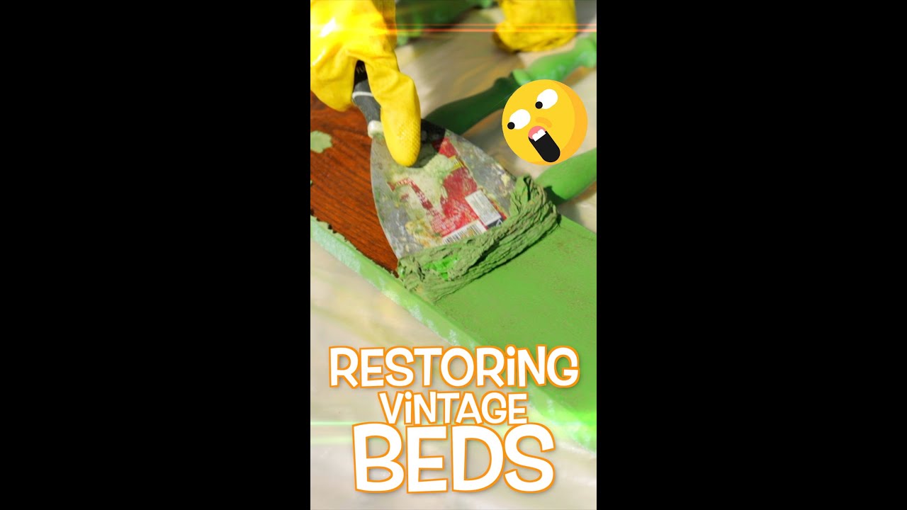 Gloved hand painting a bed frame green with a paintbrush; bold orange text reads 'Restoring Vintage Beds' over the scene