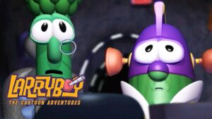 Two animated insects in a car, one green with glasses and the other purple, looking surprised; Larva cartoon logo in the corner.