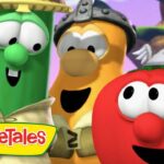Three VeggieTales characters smiling together with the VeggieTales logo in the foreground, colorful cartoon vegetables wearing hats in a bright scene.