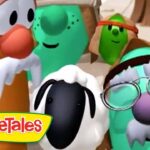Group of VeggieTales characters posing on a sunny beach with the VeggieTales logo in the corner.