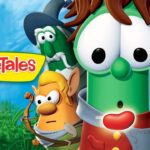 VeggieTales characters pose together outdoors, with a colorful VeggieTales banner on the left.