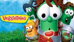 VeggieTales characters pose together outdoors, with a colorful VeggieTales banner on the left.