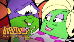 Two smiling cartoon frogs—one purple with green face and the other green with blonde hair—lean in toward each other in a friendly moment, with bold “Larva” branding partially visible.