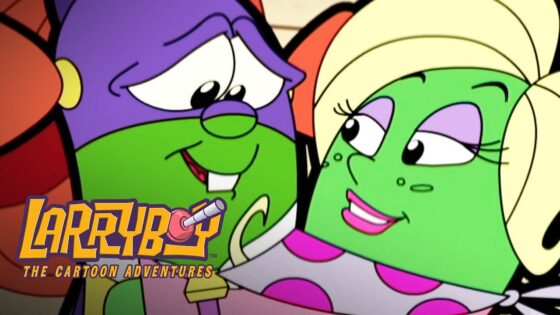 Two smiling cartoon frogs—one purple with green face and the other green with blonde hair—lean in toward each other in a friendly moment, with bold “Larva” branding partially visible.