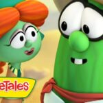 Two VeggieTales characters converse in a sunny desert scene with the VeggieTales logo bottom left.