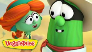 Two VeggieTales characters converse in a sunny desert scene with the VeggieTales logo bottom left.