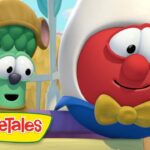 Cartoon VeggieTales characters: a red round figure with a white hood and yellow bow tie smiling, beside a green veggie in a brown helmet.