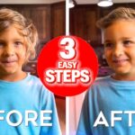 Thumbnail showing a boy before and after a process, with a red circular badge in the center reading '3 EASY STEPS' and arrows labeled 1–3 on the right.